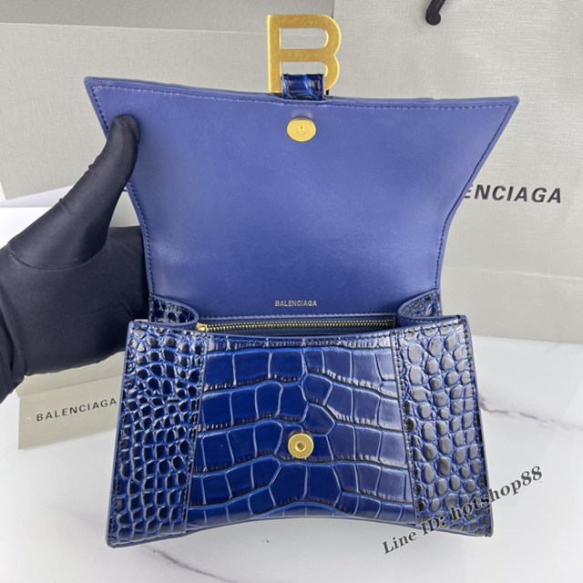 Balenciaga專櫃爆款寶藍鱷魚紋金扣手提女包 巴黎世家原廠S號Hourglass沙漏包 款號：8895 fyj1191